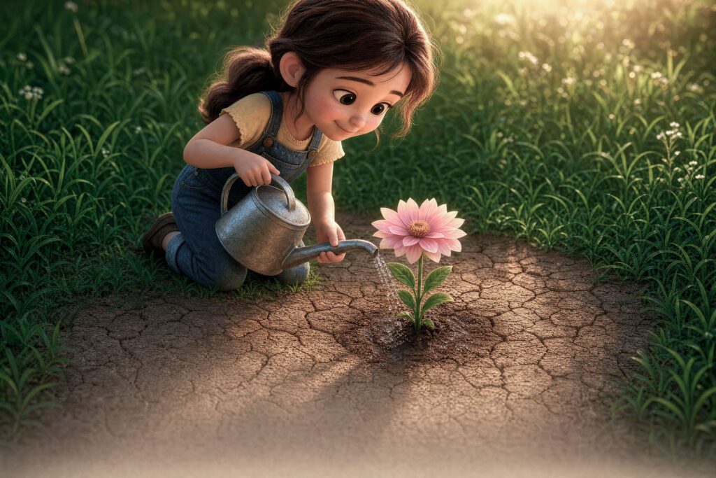 Ein Kind inmitten einer Wiese gießt eine Blume mit pinker Blüte mit einer Gießkanne.