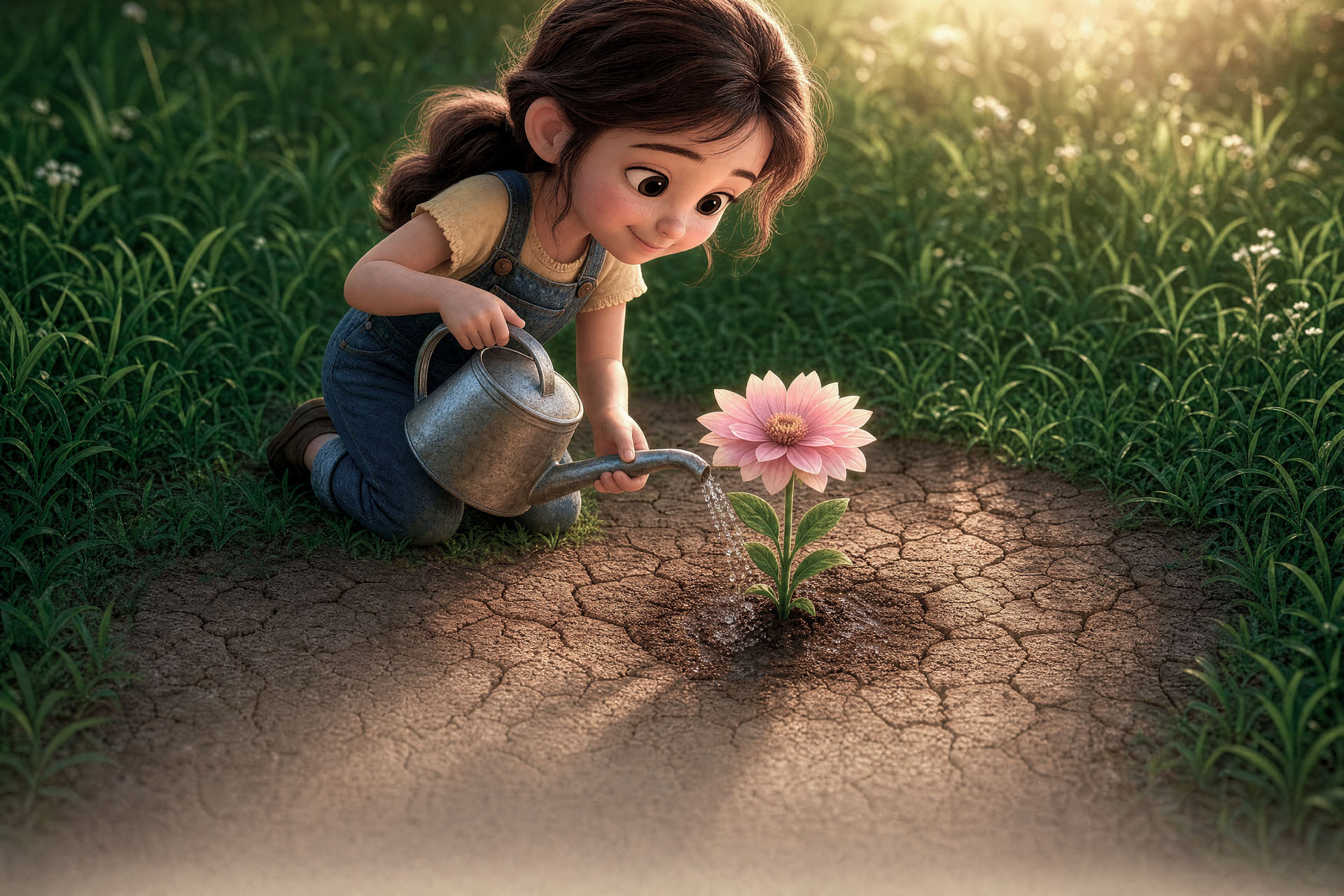 Ein Kind inmitten einer Wiese gießt eine Blume mit pinker Blüte mit einer Gießkanne.