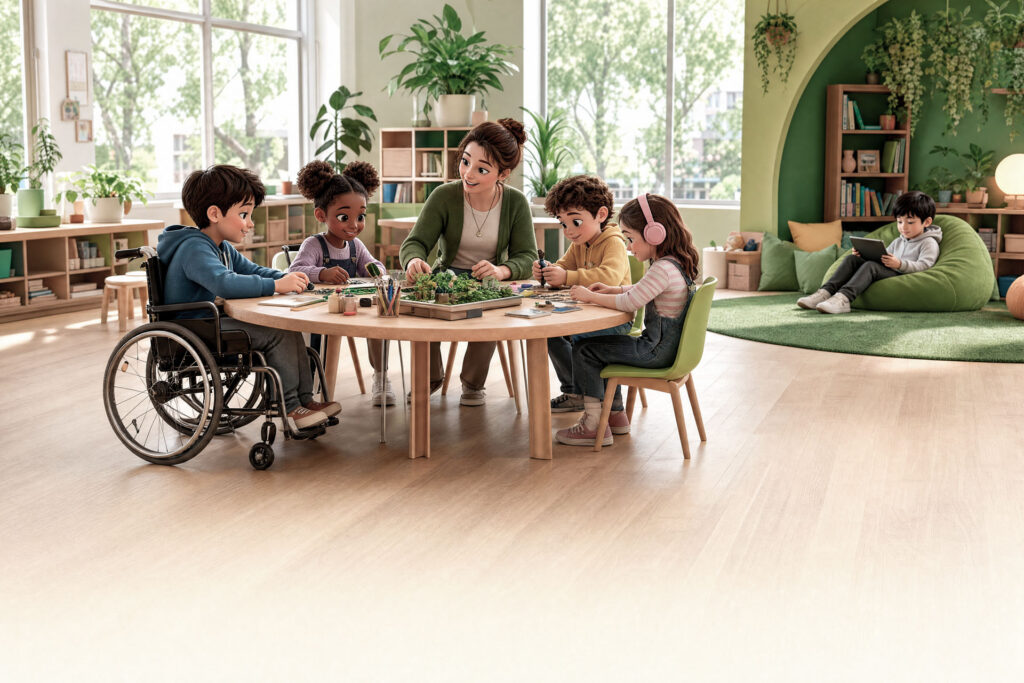 Mehrere Kinder, u.a. mit Noise-Cancelling-Kopfhörern und Rollstuhl, sitzen gemeinsam mit eine:r Betreuer:in an einem großen Tisch in einem großen, mit Pflanzen bestückten Klassenraum und malen; im Hintergrund in Kind in einer gemütlichen Sitzecke mit einem Tablet.