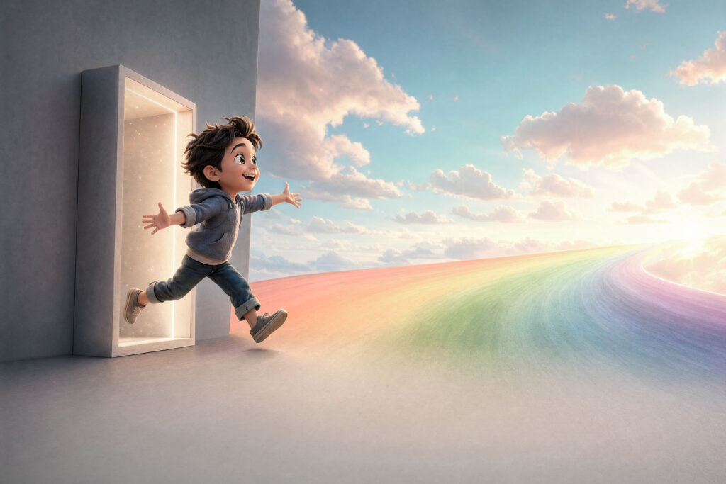 Ein Kind mit fröhlichem Gesichtsausdruck rennt aus einem Durchgang in Richtung eines Regenbogens.